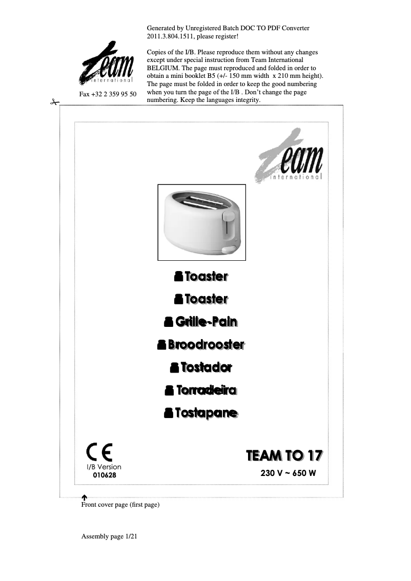 Page 1 de la notice Manuel utilisateur Team TO 17