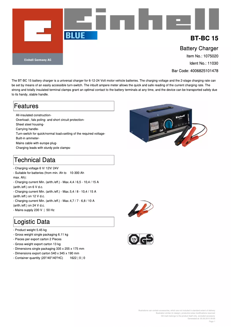 Page 1 de la notice Fiche technique Einhell BT-BC 15