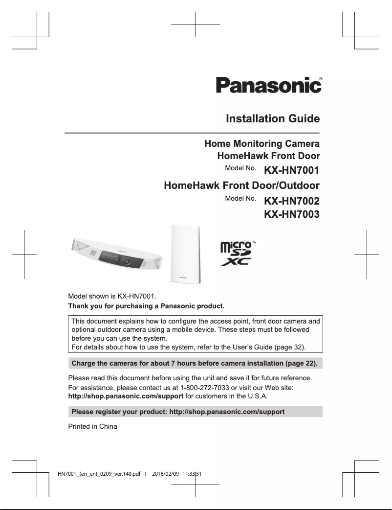 Page 1 de la notice Guide d'installation Panasonic KX-HN7003