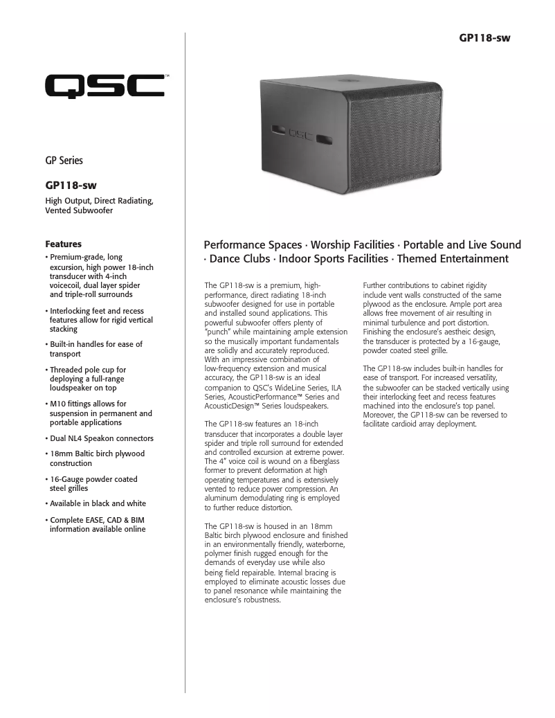 Page 1 de la notice Fiche technique QSC GP118-sw