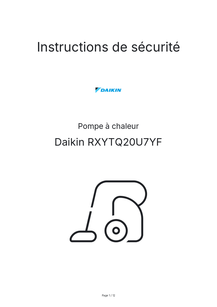 Page n°1 - Instructions de sécurité Daikin RXYTQ20U7YF