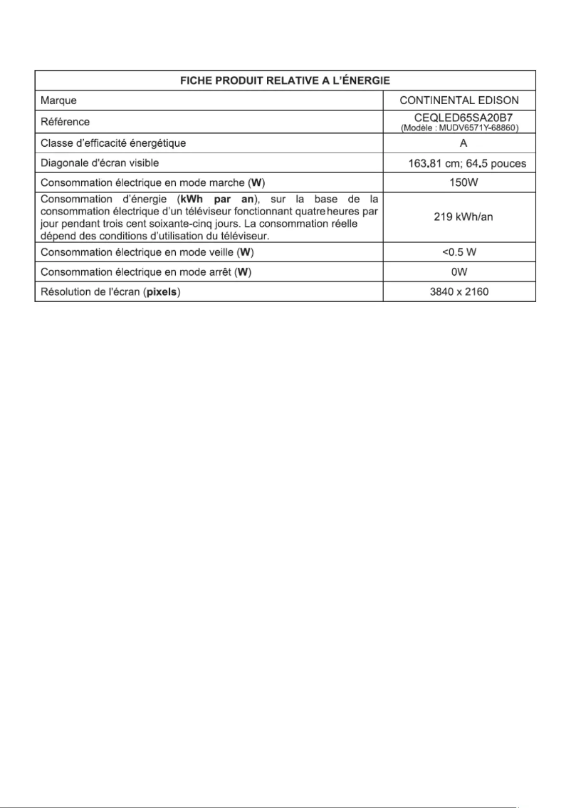 Page 1 de la notice Manuel utilisateur Continental Edison CEQLED65SA20B7