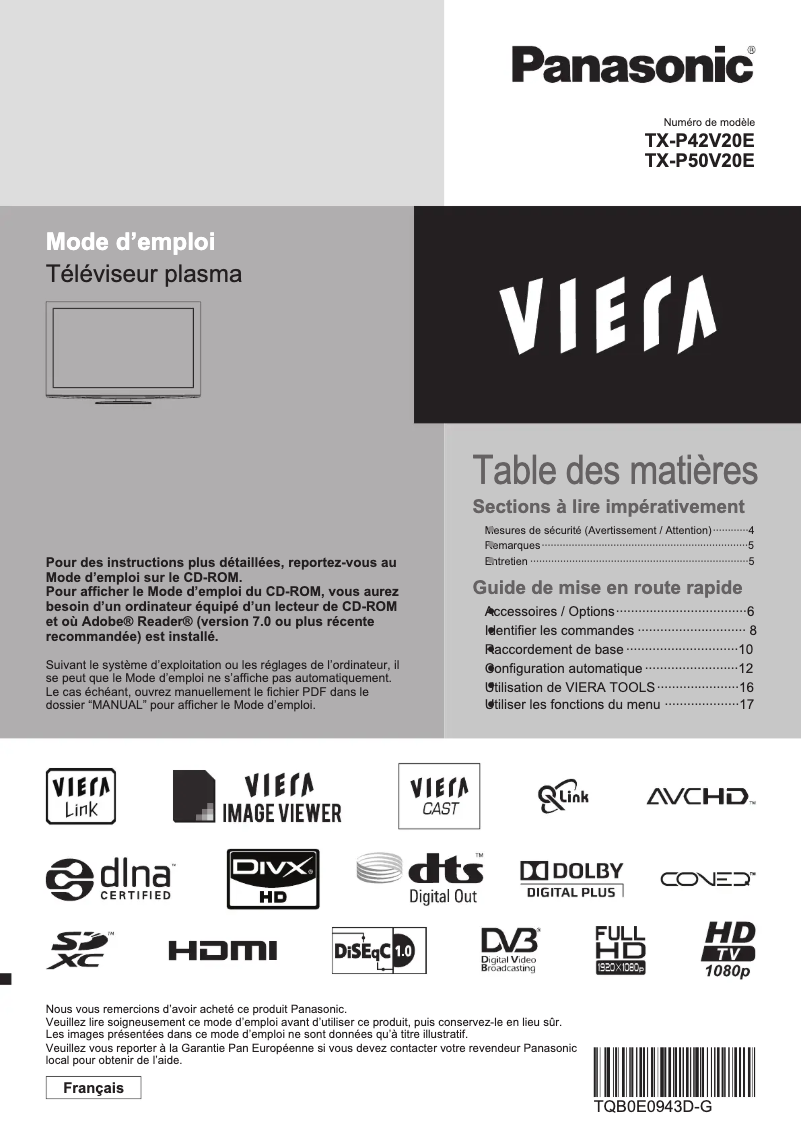 Page 1 de la notice Manuel utilisateur Panasonic Viera TX-P42V20E