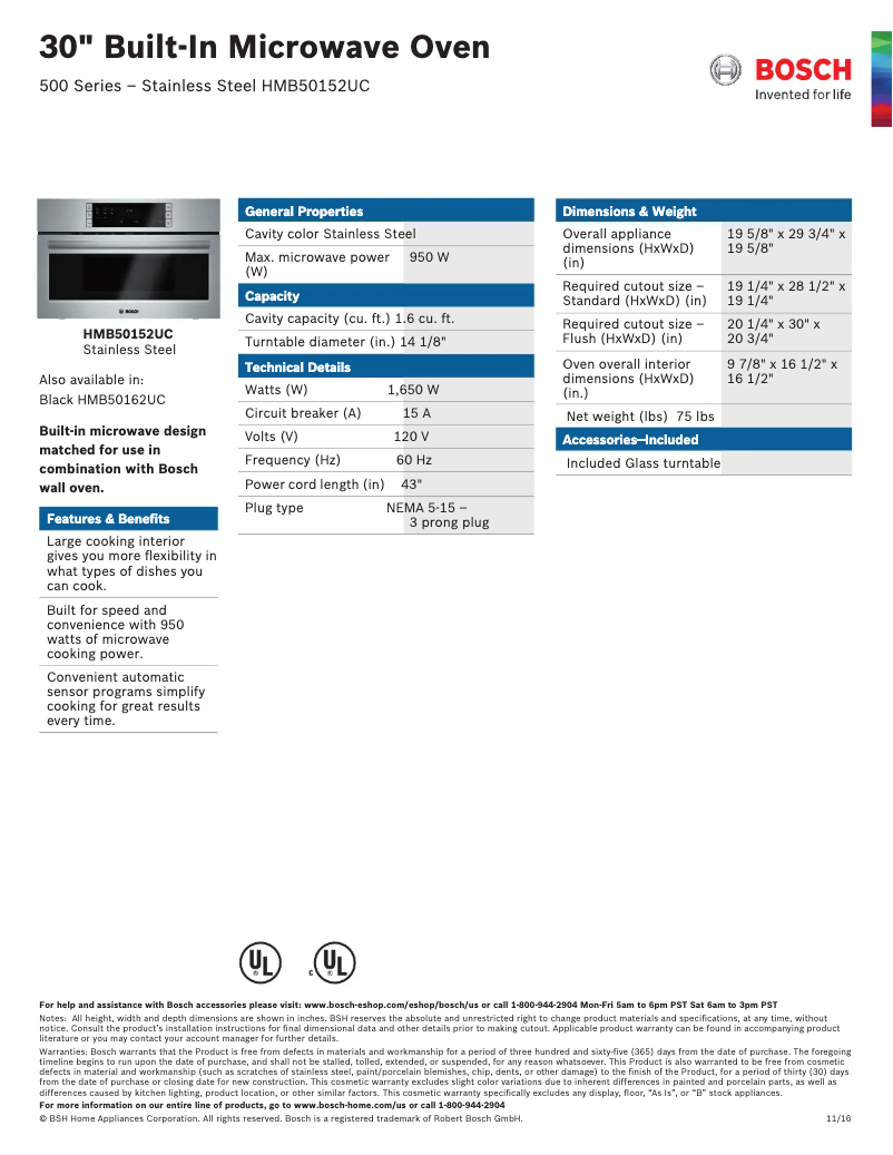 Page n°1 - Fiche technique Bosch HMB50162UC