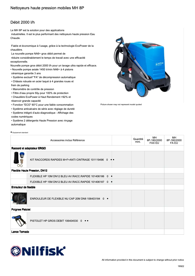 Page 1 de la notice Fiche technique Nilfisk MH 8P
