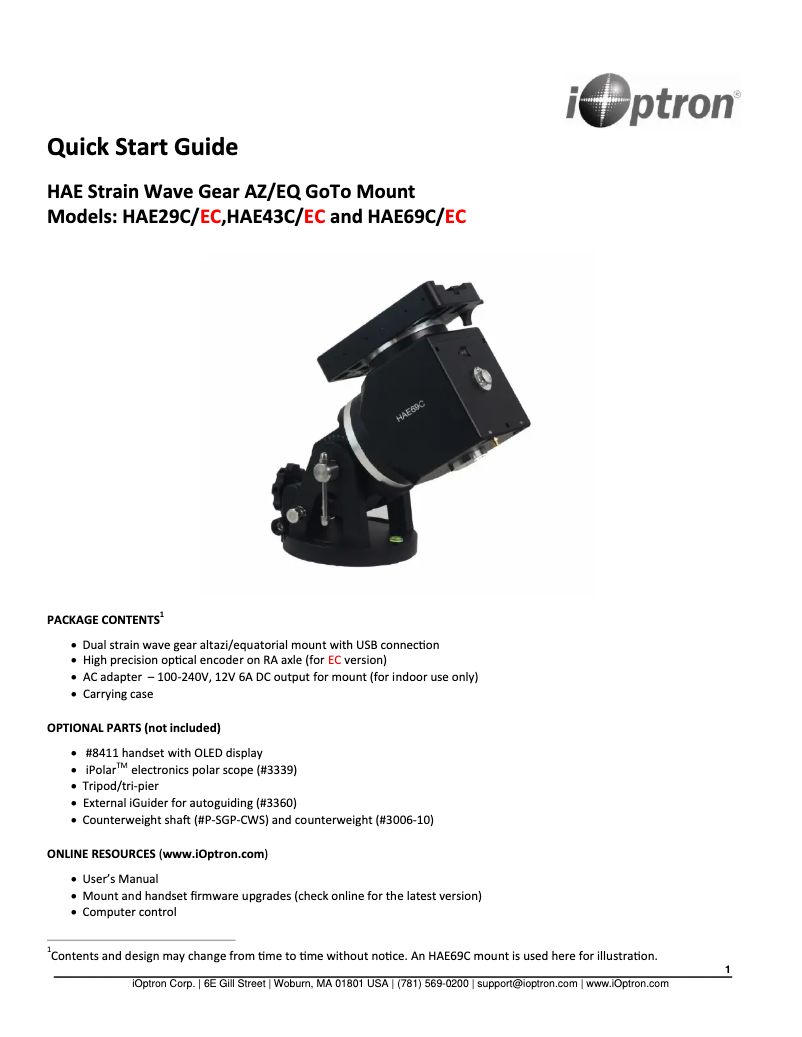Page 1 de la notice Guide de démarrage rapide iOptron HAE29C