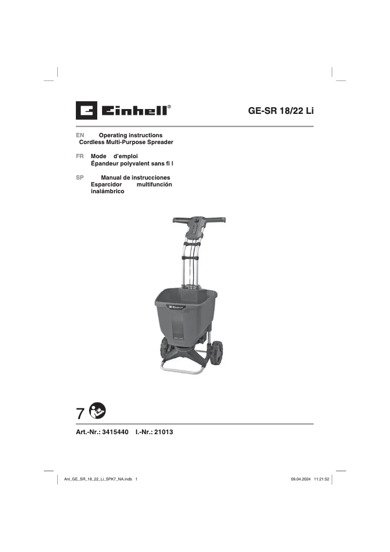 Page 1 de la notice Manuel utilisateur Einhell GE-SR 18/22 Li