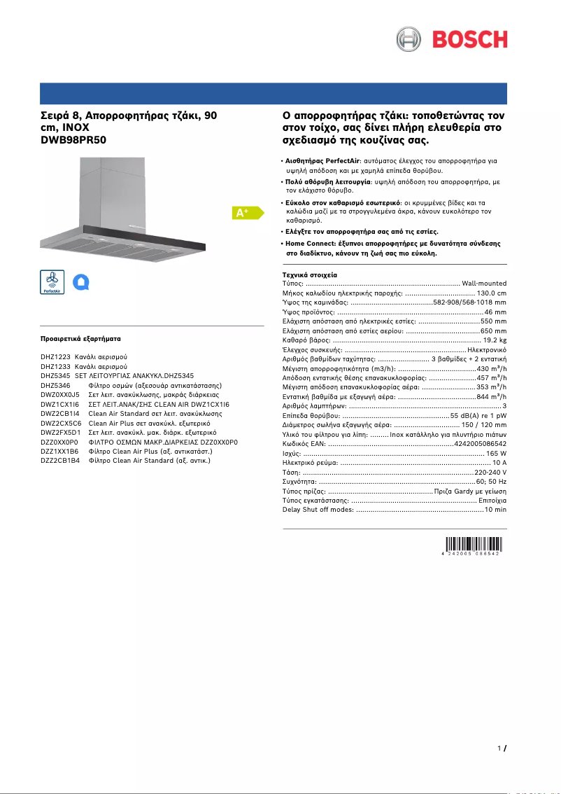 Page 1 de la notice Fiche technique Bosch DWB98PR50