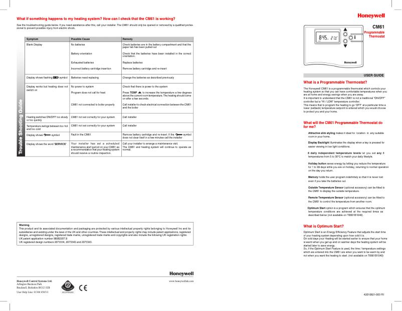 Page 1 de la notice Manuel utilisateur Honeywell Chronotherm CM61