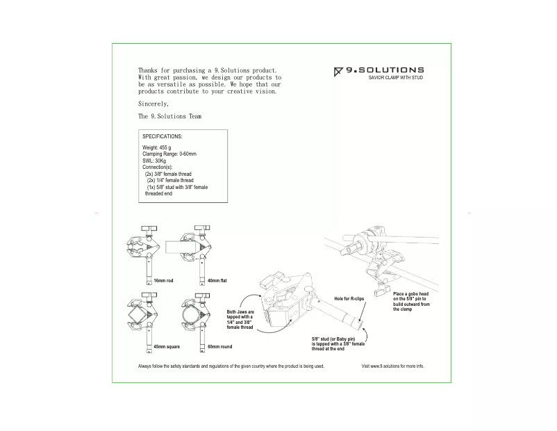 Page 1 de la notice Manuel utilisateur 9.solutions Savior Clamp With Stud