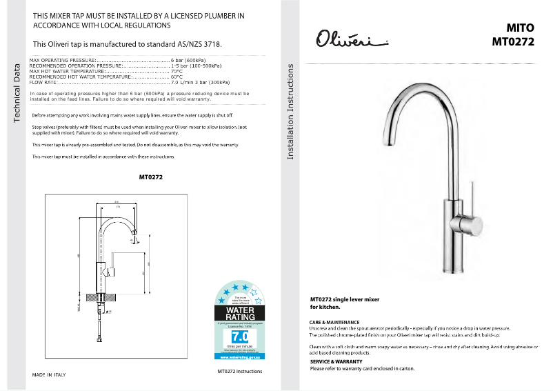 Page n°1 - Manuel utilisateur Oliveri MT0272