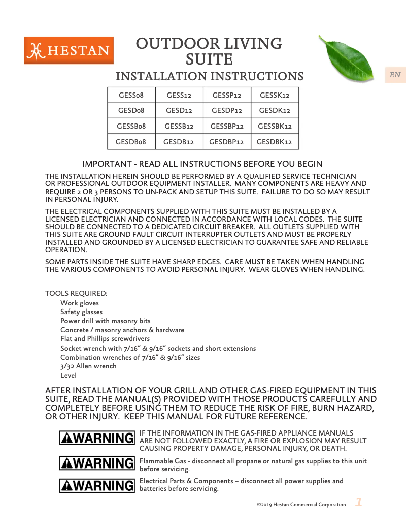 Page 1 de la notice Manuel utilisateur Hestan GESSK12