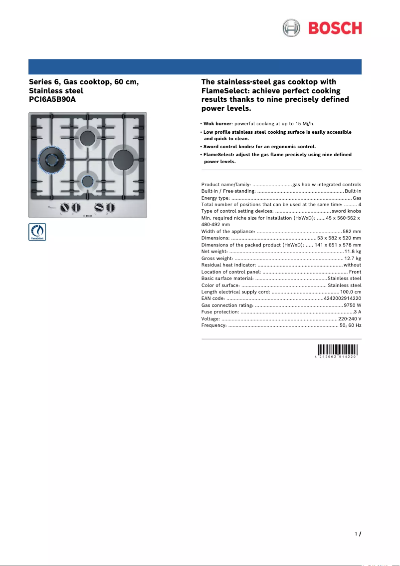 Page 1 of the manual Technical Sheet Bosch PCI6A5B90A