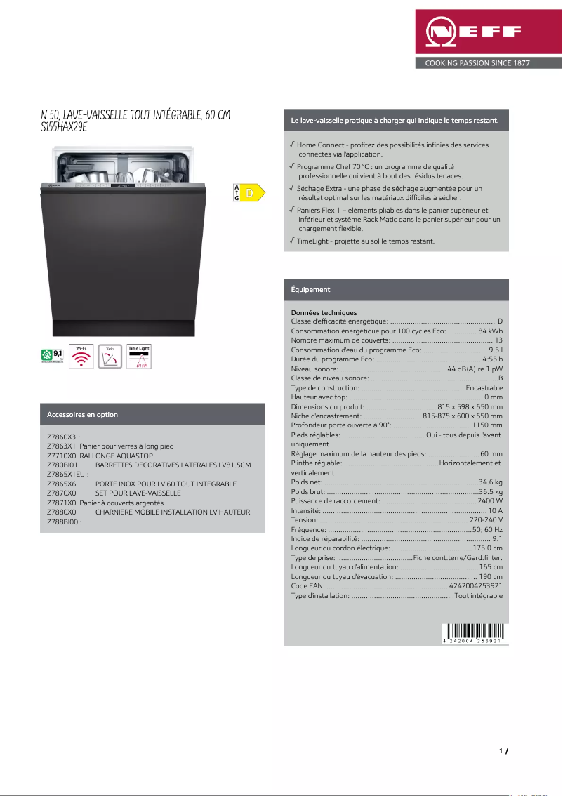 Page 1 de la notice Fiche technique Neff S155HAX29E