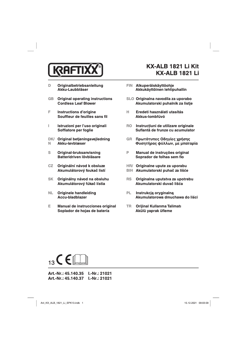 Page 1 de la notice Manuel utilisateur Kraftixx KX-ALB 1821 Li