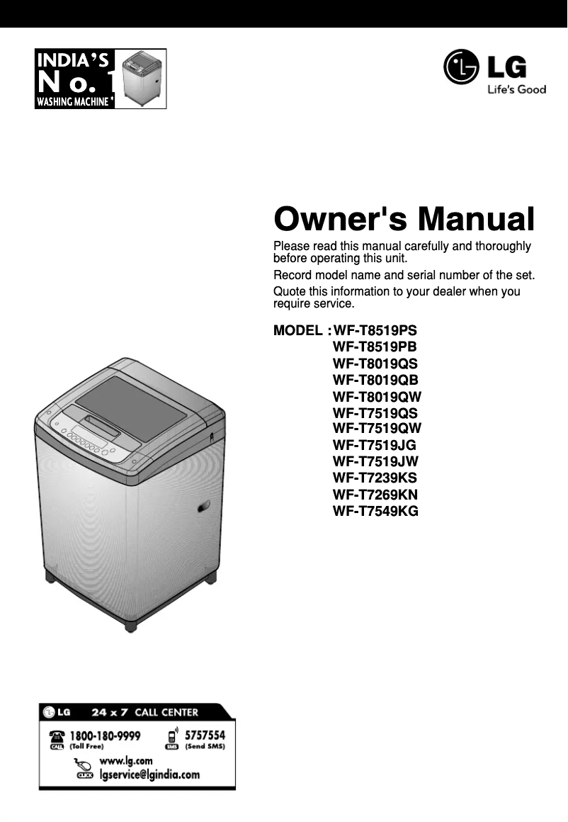 Page 1 de la notice Manuel utilisateur LG WF-T8019QS