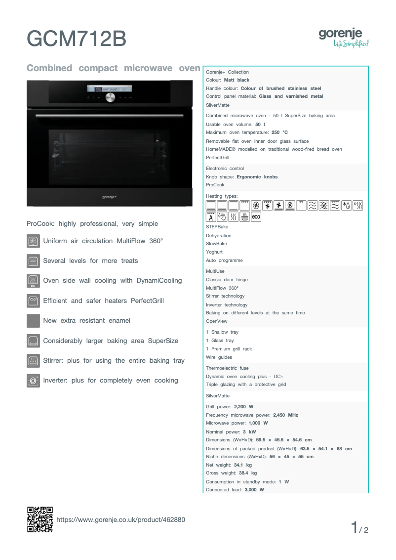 Page 1 de la notice Fiche technique Gorenje GCM712B