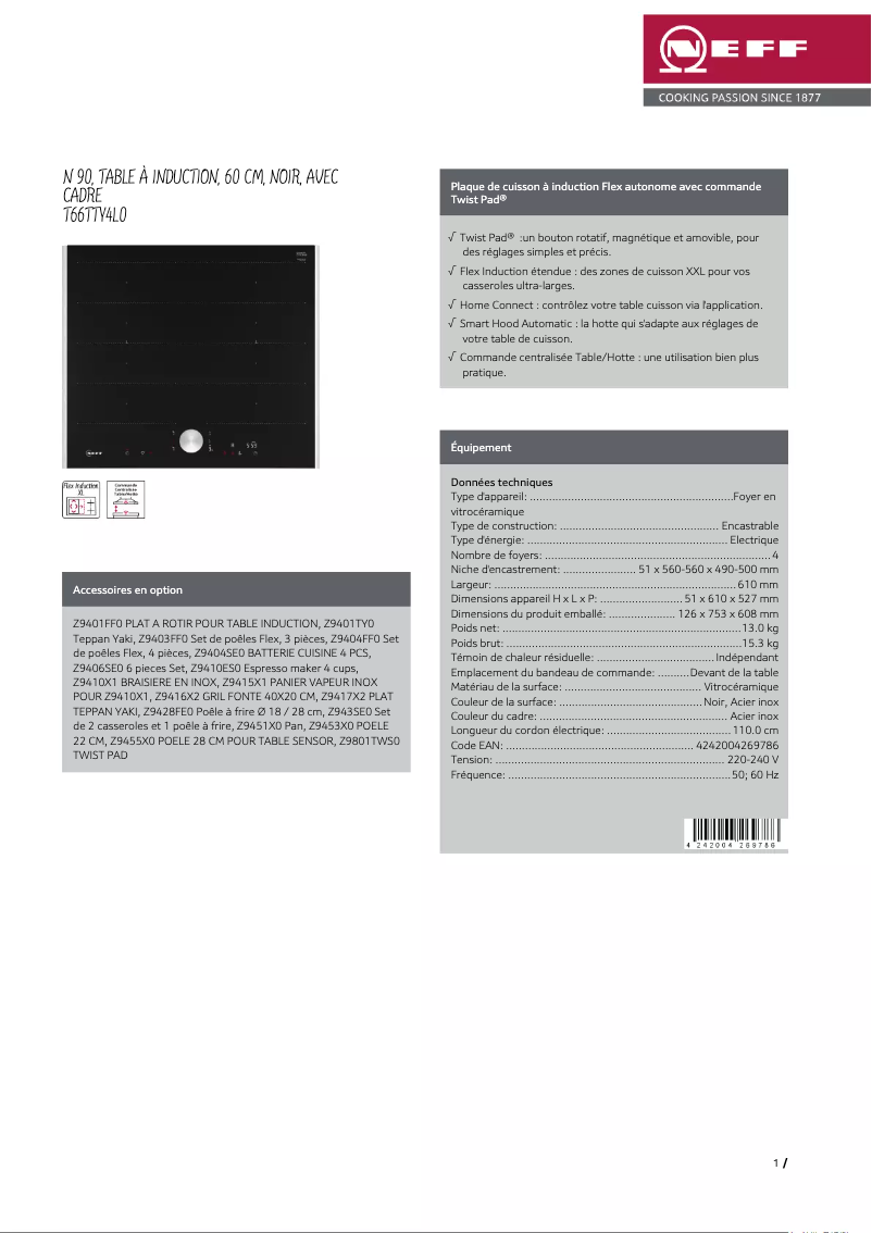 Page 1 de la notice Fiche technique Neff T66TTY4L0