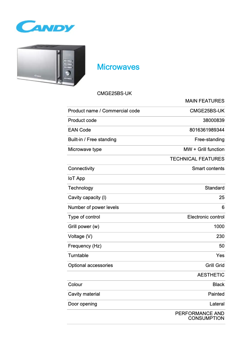 Page 1 de la notice Fiche technique Candy CMGE25BS-UK