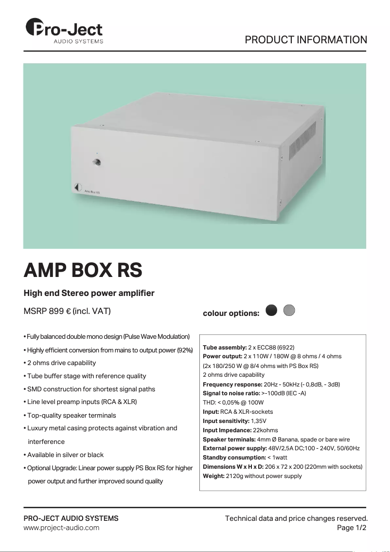 Page n°1 - Fiche technique Pro-Ject Amp Box RS