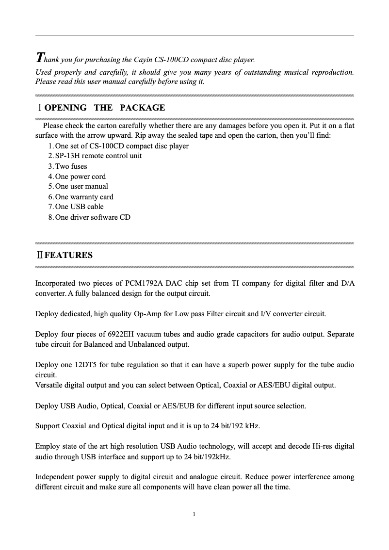 Page n°1 - Manuel utilisateur Cayin CS-100CD