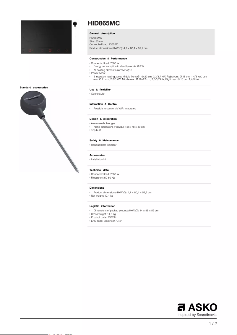Page 1 de la notice Fiche technique Asko HID865MC