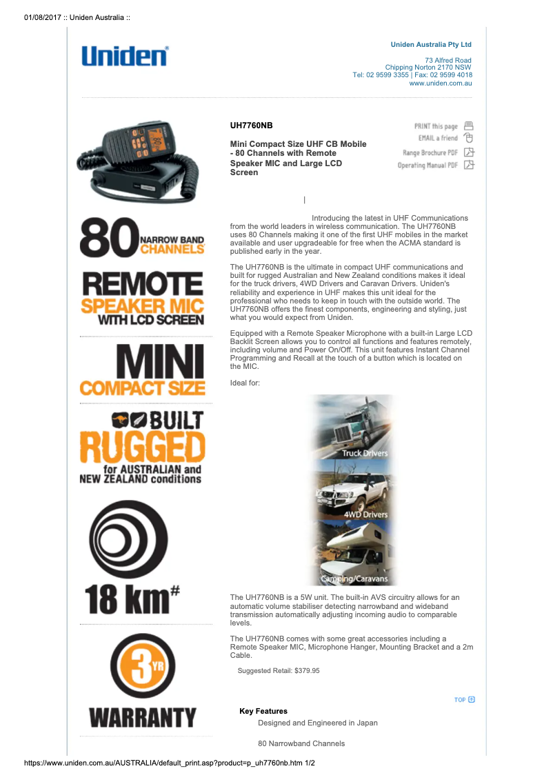 Page 1 de la notice Manuel utilisateur Uniden UH7760NB
