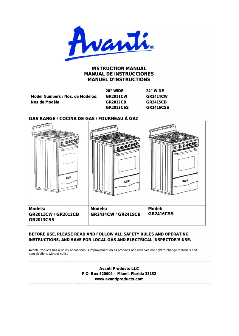 Page 1 de la notice Manuel utilisateur Avanti GR2416CSS