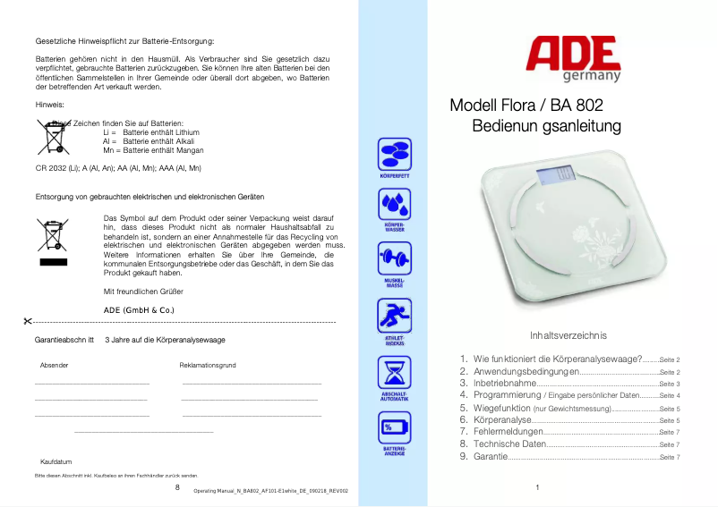 Image de la première page du manuel de l'appareil Flora BA 802