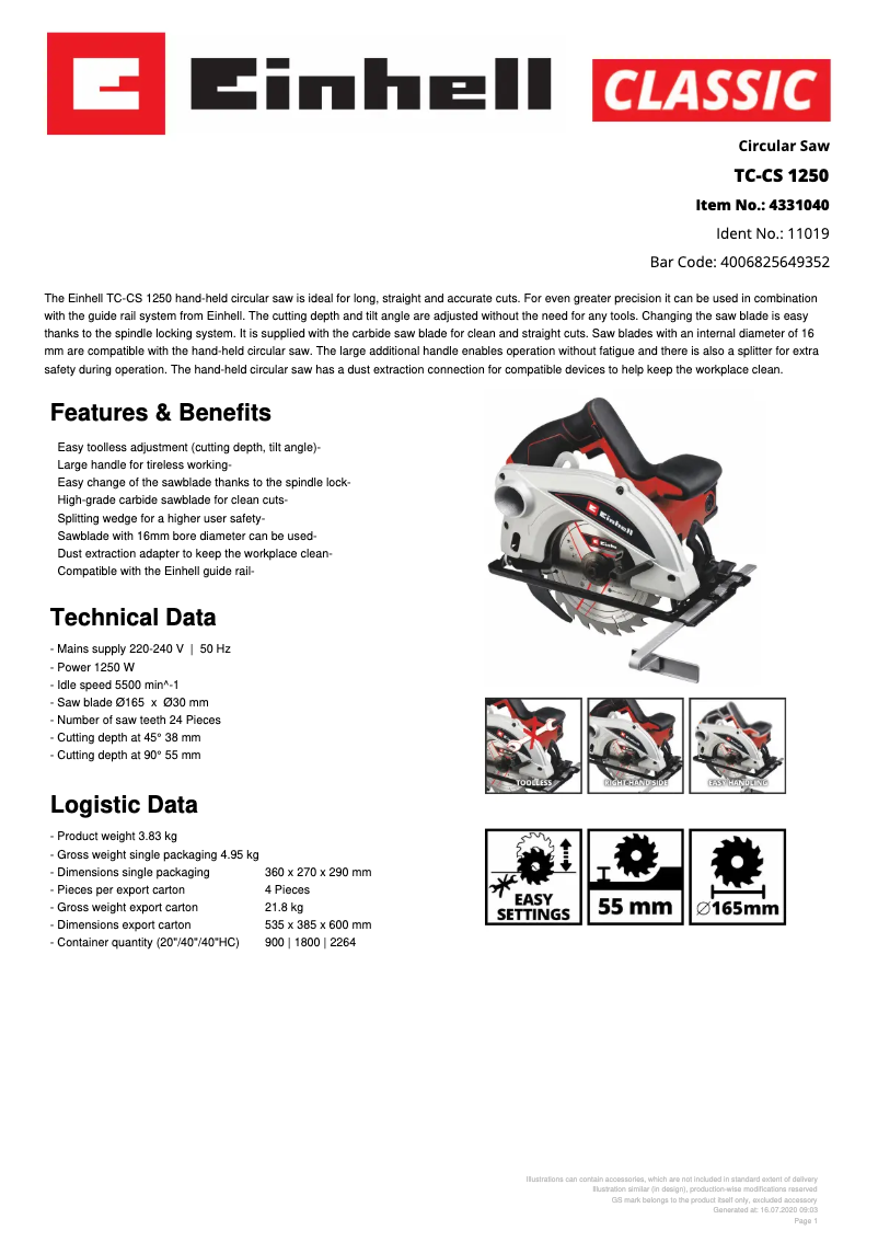 Page 1 de la notice Fiche technique Einhell TC-CS 1250