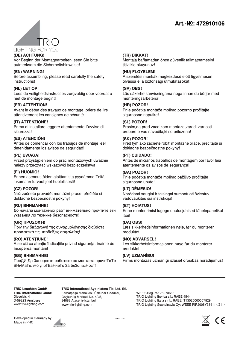 Page n°1 - Manuel utilisateur Trio Lighting Sydney 472910106