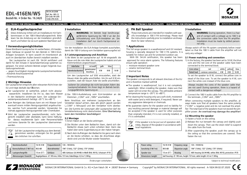 Page 1 de la notice Manuel utilisateur Monacor EDL-416EN/WS