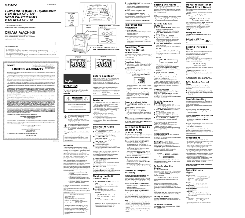 Page 1 de la notice Manuel utilisateur Sony ICF-C153V