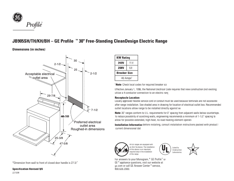 Page n°1 - Fiche technique GE Profile JB905KHCC