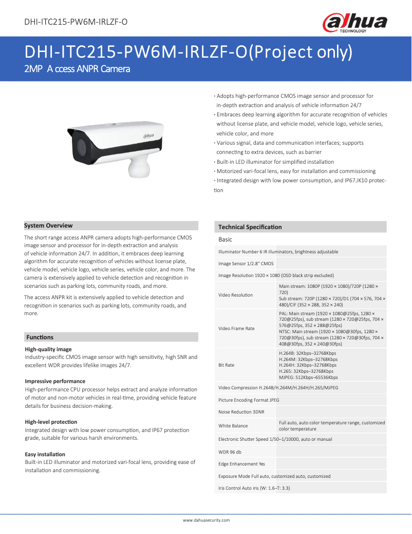 Page n°1 - Fiche technique Dahua Technology ITC215-PW6M-IRLZF-O