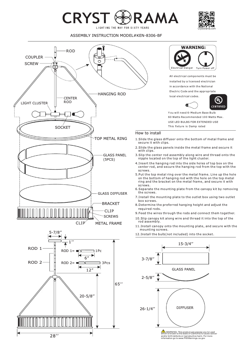 Page 1 de la notice Manuel utilisateur Crystorama Kendal KEN-8306-BF