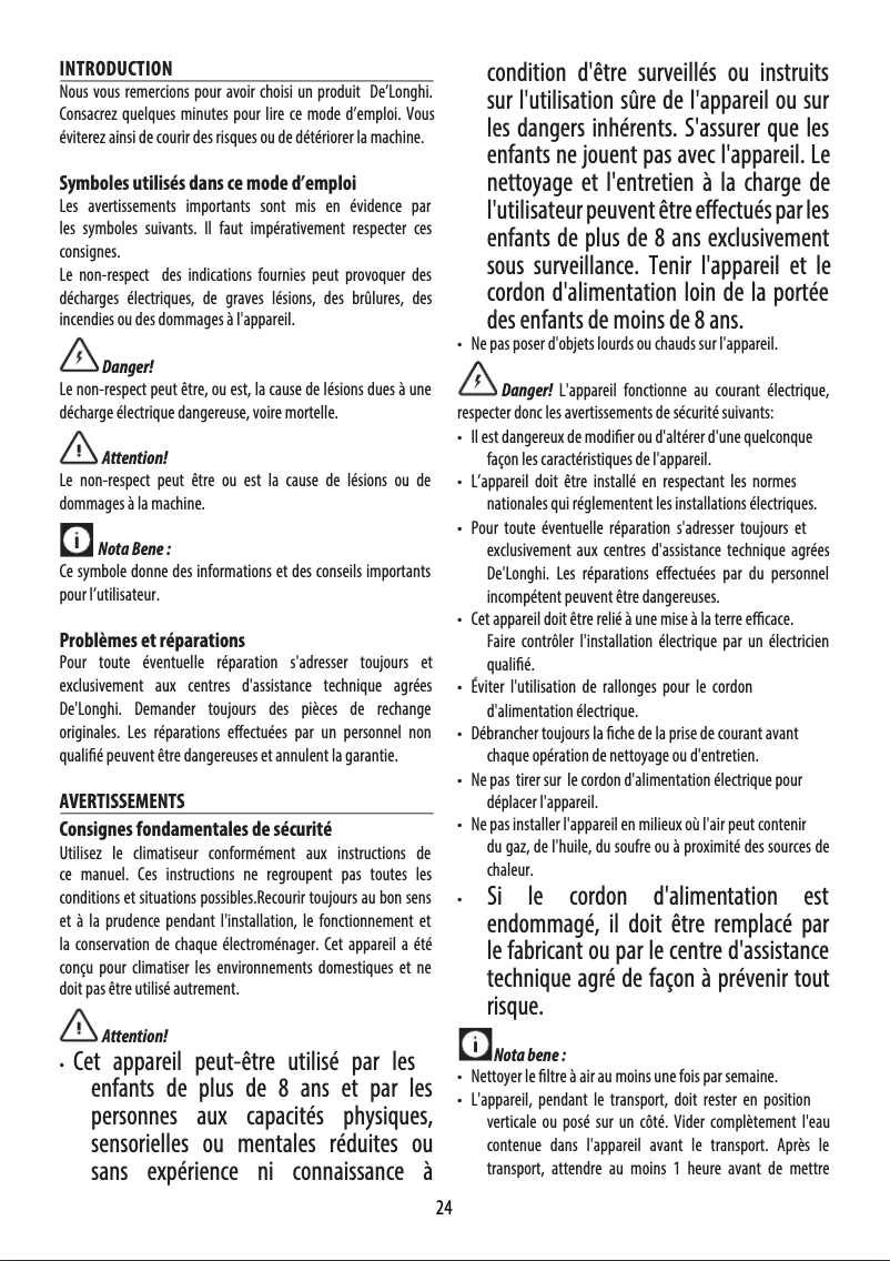 Page 1 de la notice Manuel utilisateur DeLonghi PAC EX100 Silent