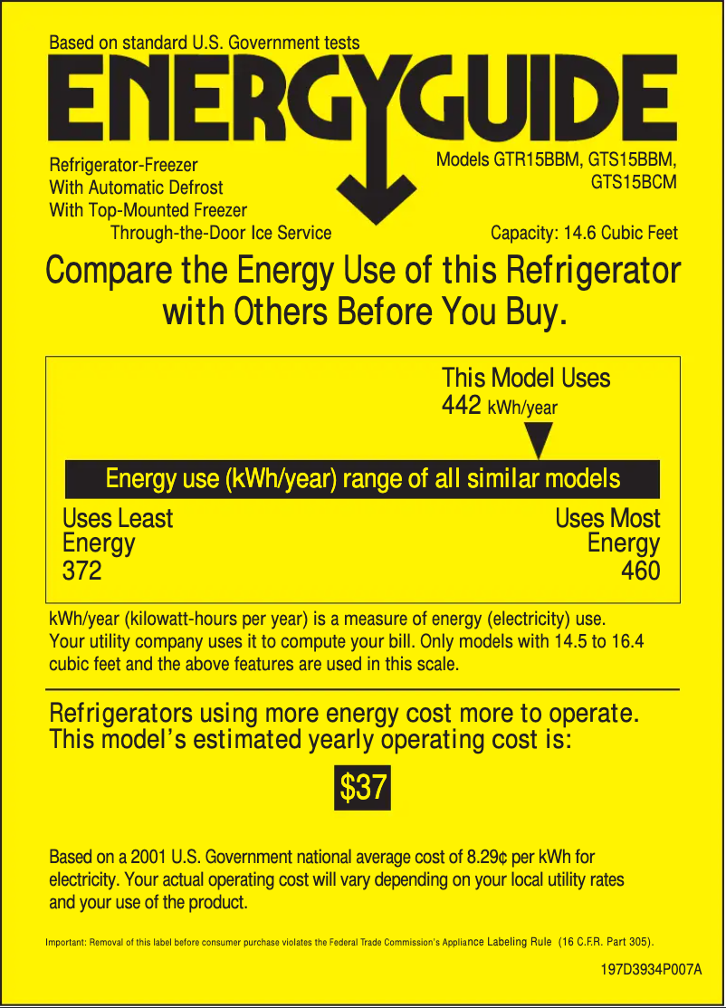 Page n°1 - Label énergétique GE GTS15BCMLCC