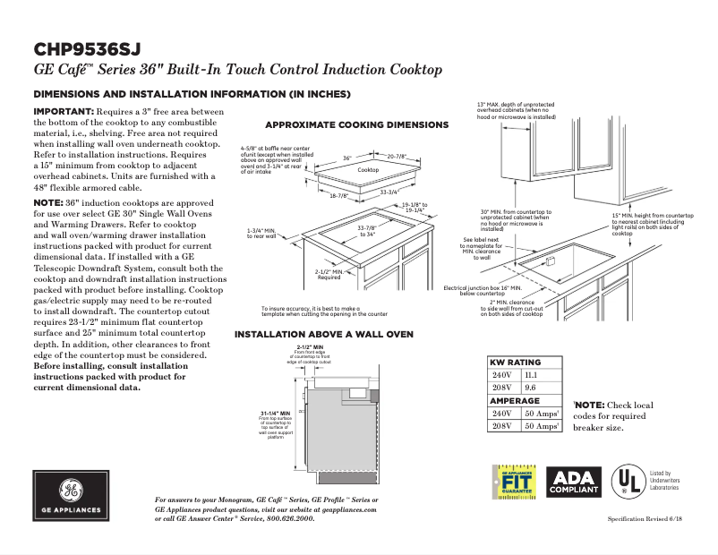 Page 1 of the manual Technical Sheet GE Café CHP9536SJSS