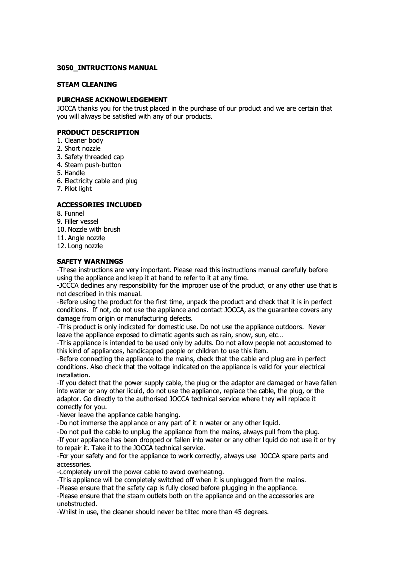 Página 1 del manual Manual de usuario Jocca 3050