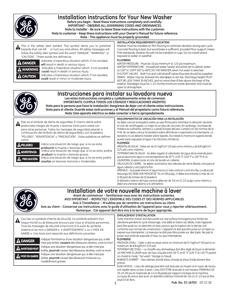 Page 1 de la notice Guide d'installation GE GTW860SSJWS