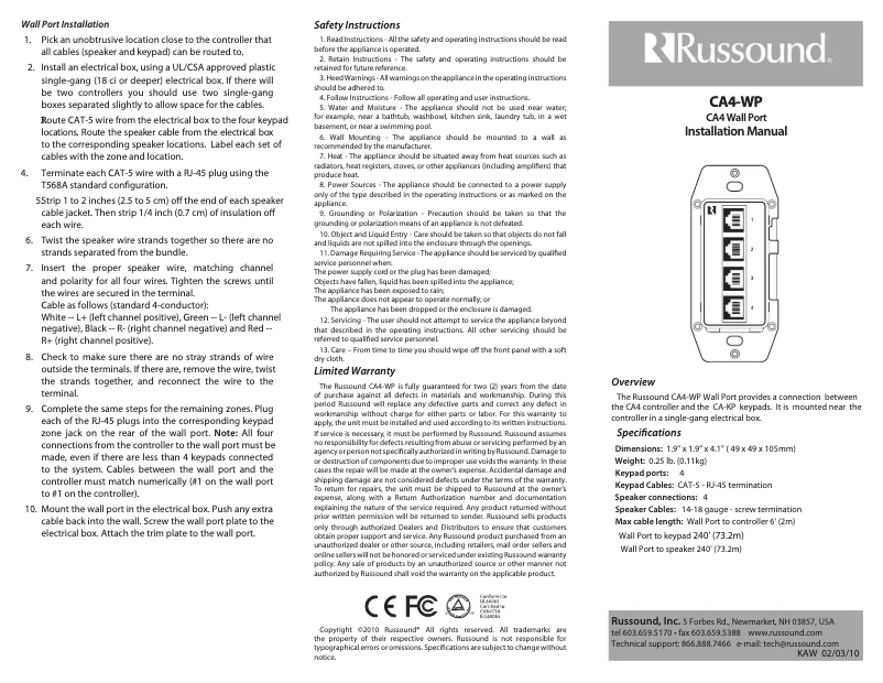 Page 1 de la notice Manuel utilisateur Russound CA4-WP