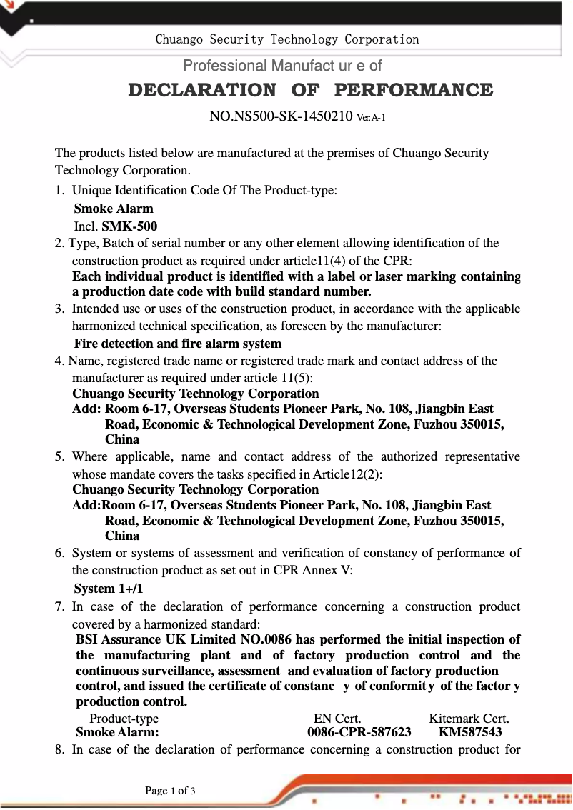 Page 1 de la notice Manuel utilisateur Chuango SMK-500