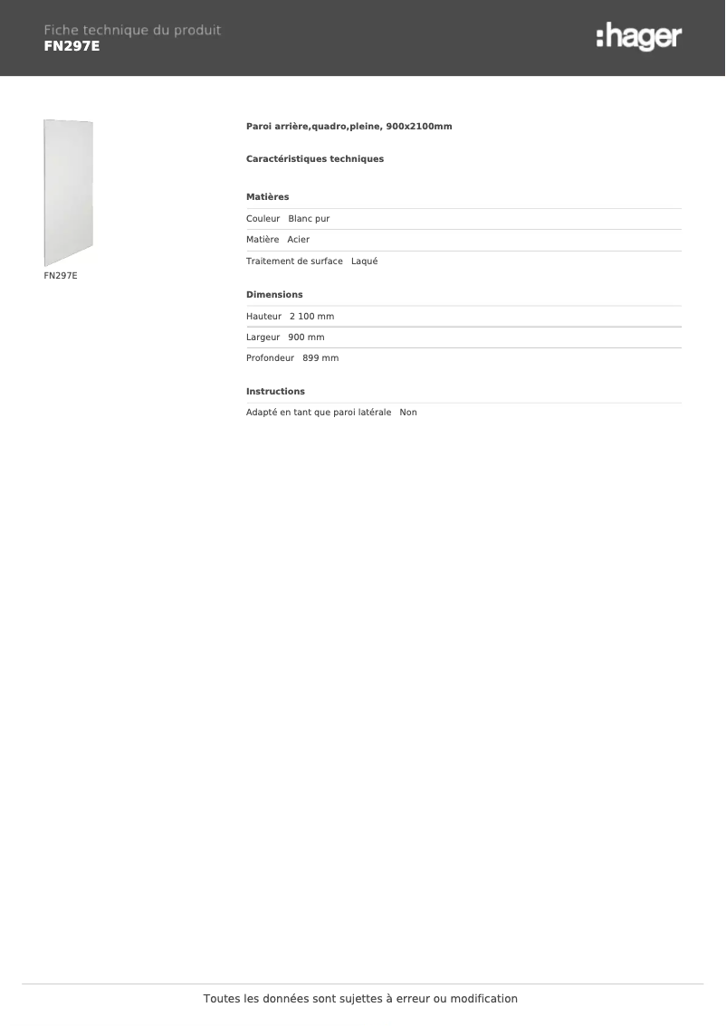 Page 1 de la notice Fiche technique Hager FN297E