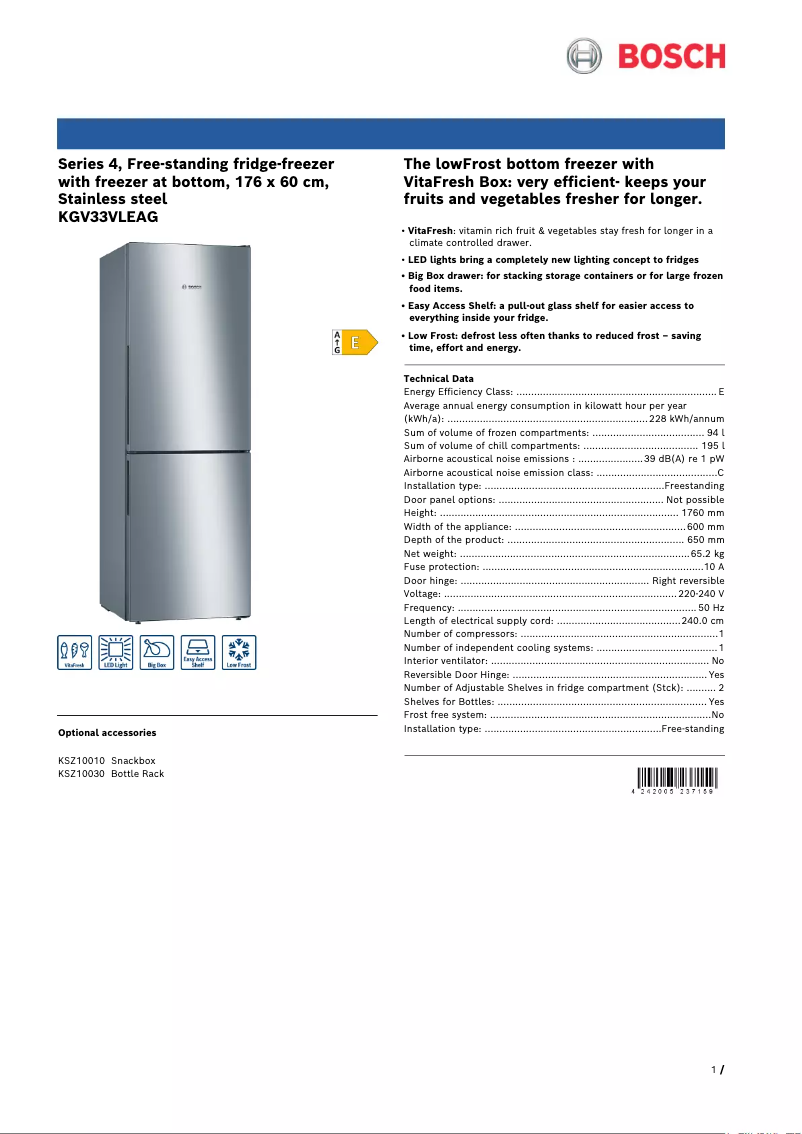Page n°1 - Fiche technique Bosch KGV33VLEAG