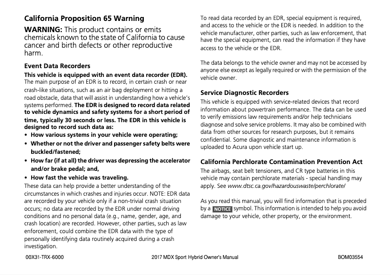 Page 1 de la notice Manuel utilisateur Acura MDX Sport Hybrid (2017)