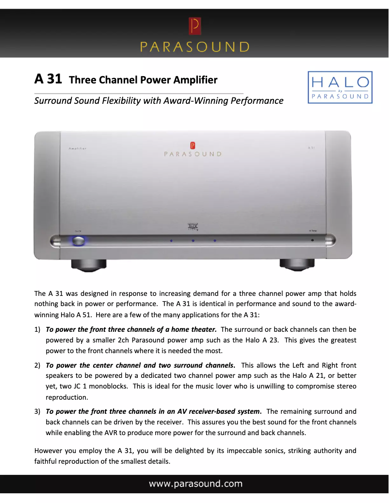 Page 1 de la notice Fiche technique Parasound Halo A 31