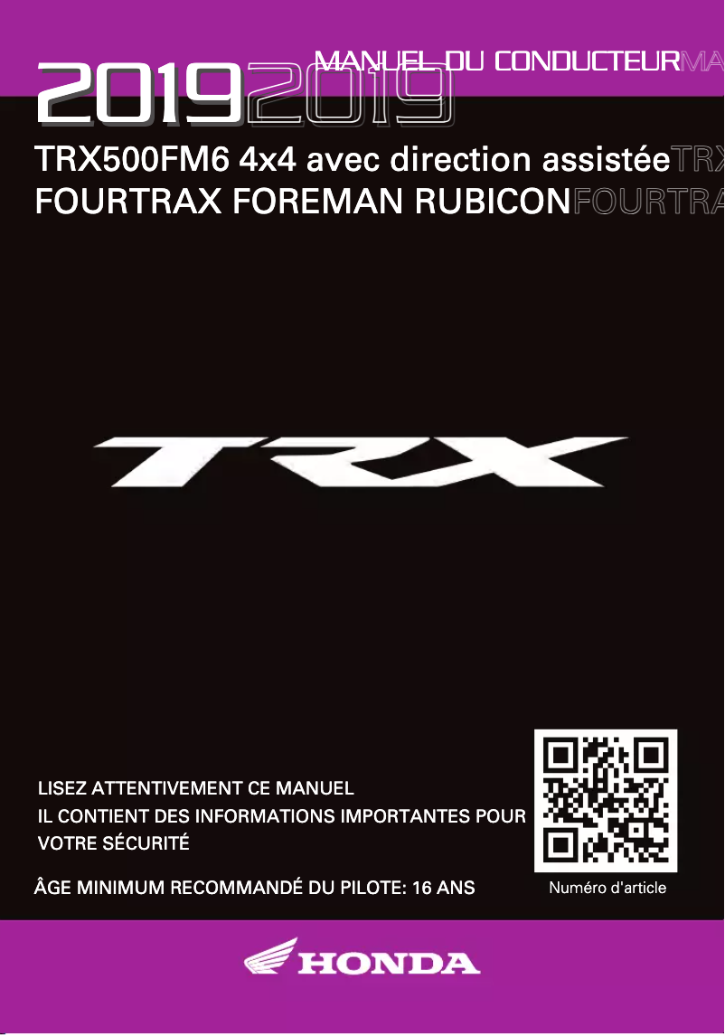 Page 1 de la notice Manuel utilisateur Honda FourTrax Foreman Rubicon TRX500FM6 (2019)