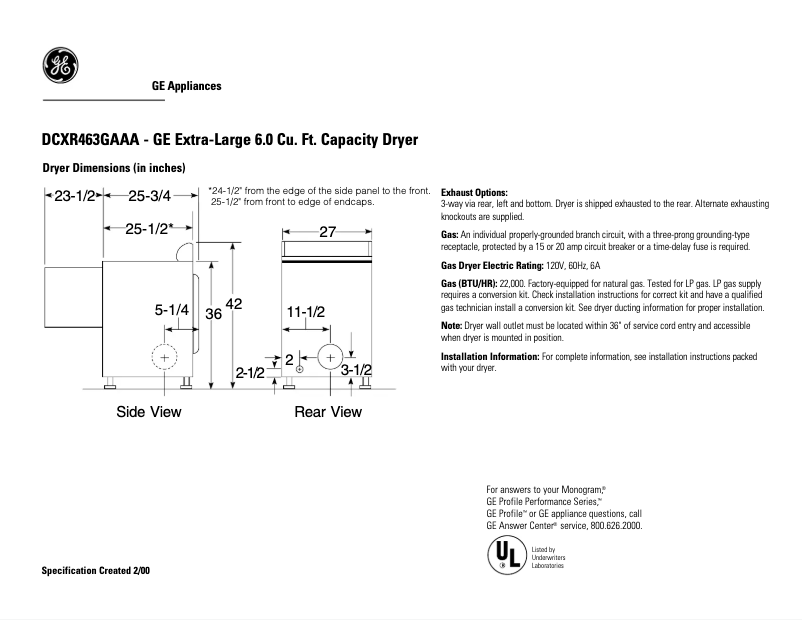 Page 1 of the manual Technical Sheet GE DCXR463GAAA
