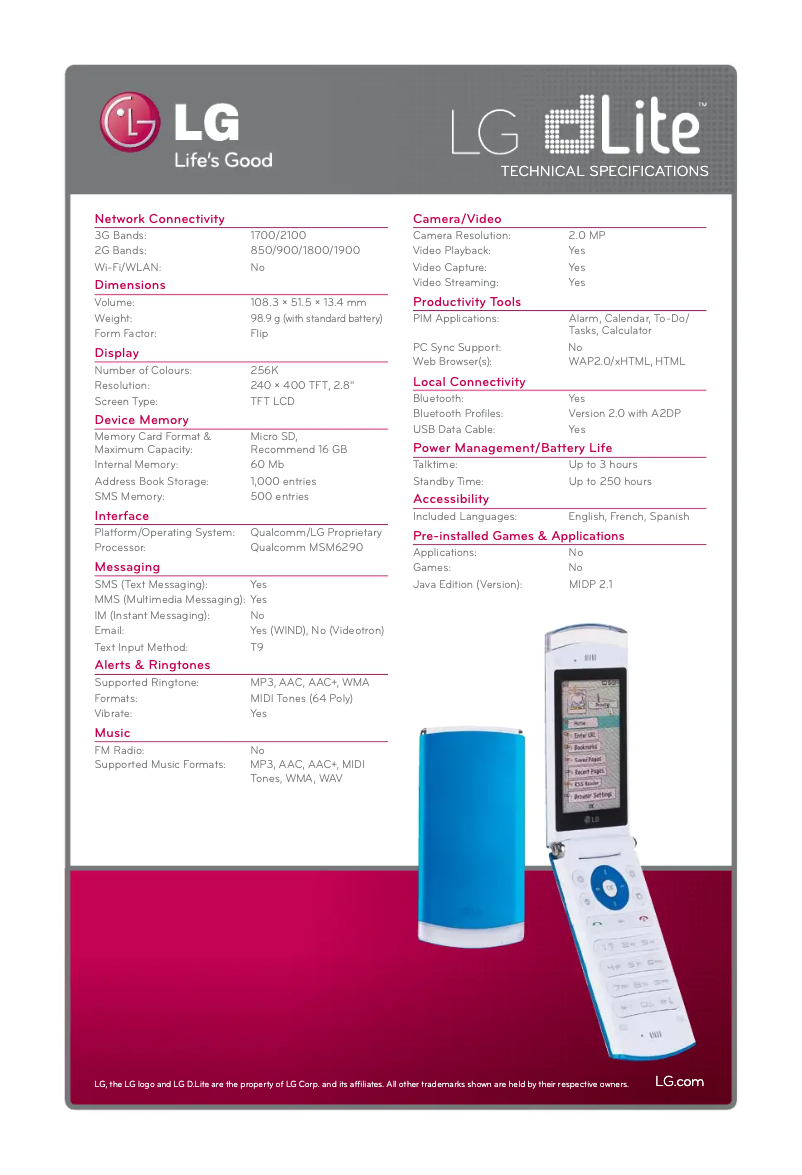 Page n°1 - Fiche technique LG GD570AV